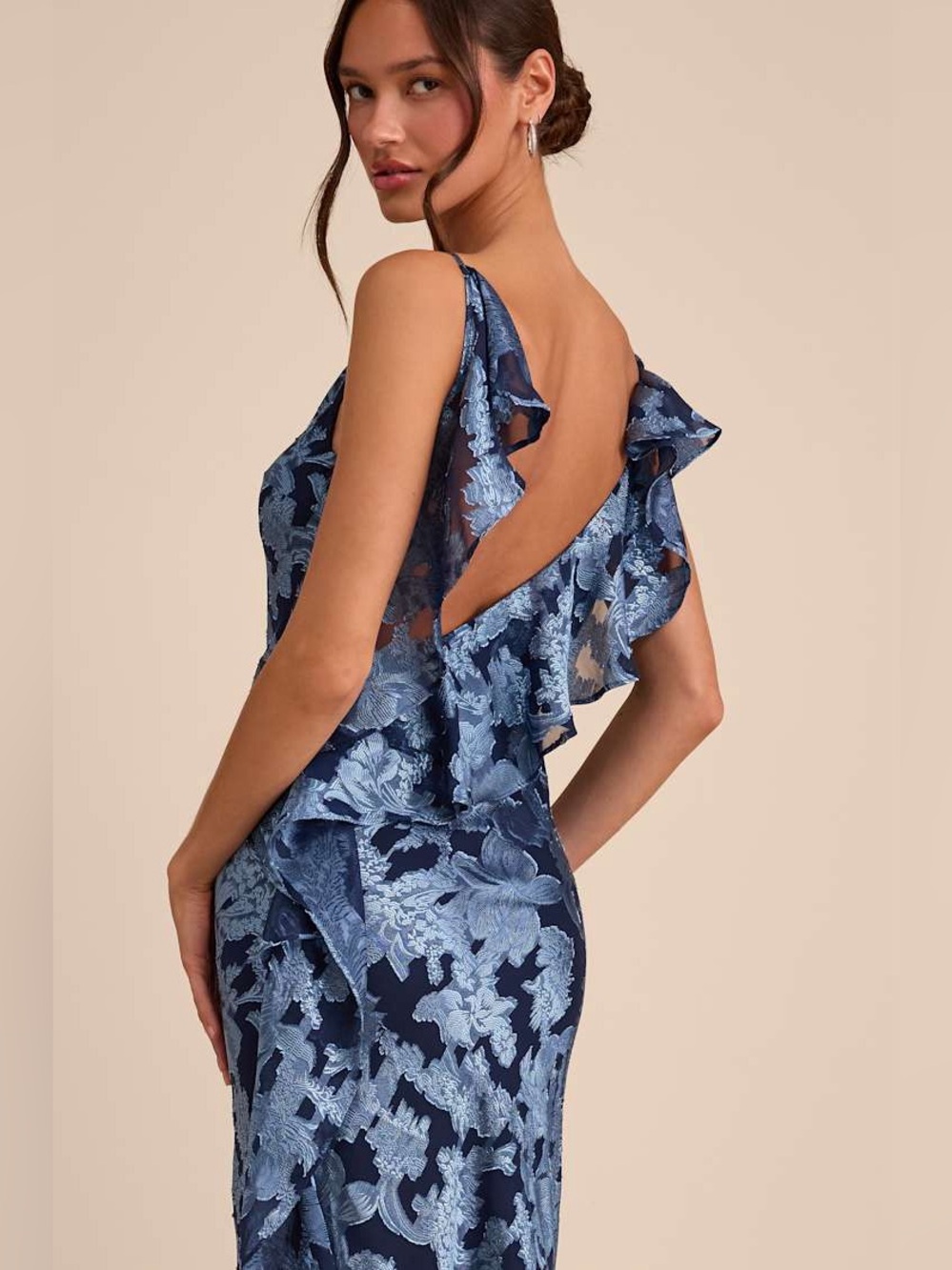 Lulus Narelle Navy Floral Burnout Ruffled Maxi Dress